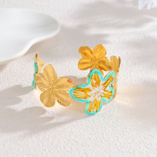 Picture of Wholesale Flower Multicolor Enamel 304 Stainless Steel Bangles Bracelets, 18K Gold Plated PVD Vacuum Plating, Women's Casual Stylish Gift Jewelry Supply, 5.8cm Dia.