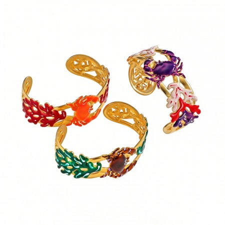 Immagine di Granchio Corallo Multicolore Smalto 304 Acciaio Inossidabile Braccialetto All'Ingrosso, Placcato Oro 18K Placcatura Sottovuoto PVD, Donne Gioielli Oceanici Elegante Regalo Fornitura di Gioielli, 6.8cm Dia., 1 Pz