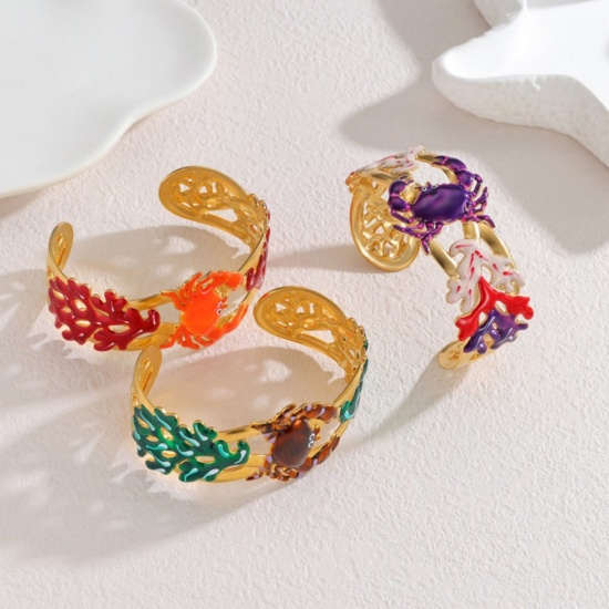 Picture of Wholesale Crab Animal Coralline Multicolor Enamel 304 Stainless Steel Bangles Bracelets, 18K Gold Plated PVD Vacuum Plating, Women's Ocean Jewelry Stylish Gift Jewelry Supply, 6.8cm Dia.