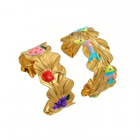 Picture of Wholesale Fish Animal Fruit Multicolor Enamel 304 Stainless Steel Open Cuff Bangles Bracelets, 18K Gold Plated PVD Vacuum Plating, Women's Ins Style Stylish Gift Jewelry Supply, 6.2cm Dia.