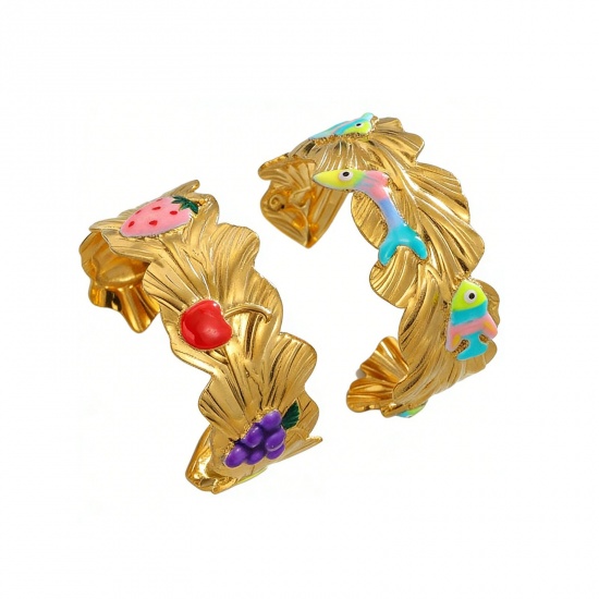 Picture of Wholesale Fish Animal Fruit Multicolor Enamel 304 Stainless Steel Open Cuff Bangles Bracelets, 18K Gold Plated PVD Vacuum Plating, Women's Ins Style Stylish Gift Jewelry Supply, 6.2cm Dia.
