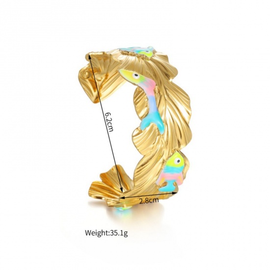 Picture of Wholesale Fish Animal Fruit Multicolor Enamel 304 Stainless Steel Open Cuff Bangles Bracelets, 18K Gold Plated PVD Vacuum Plating, Women's Ins Style Stylish Gift Jewelry Supply, 6.2cm Dia.