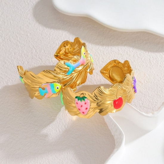 Picture of Wholesale Fish Animal Fruit Multicolor Enamel 304 Stainless Steel Open Cuff Bangles Bracelets, 18K Gold Plated PVD Vacuum Plating, Women's Ins Style Stylish Gift Jewelry Supply, 6.2cm Dia.