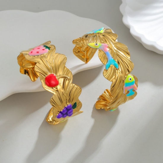 Picture of Wholesale Fish Animal Fruit Multicolor Enamel 304 Stainless Steel Open Cuff Bangles Bracelets, 18K Gold Plated PVD Vacuum Plating, Women's Ins Style Stylish Gift Jewelry Supply, 6.2cm Dia.