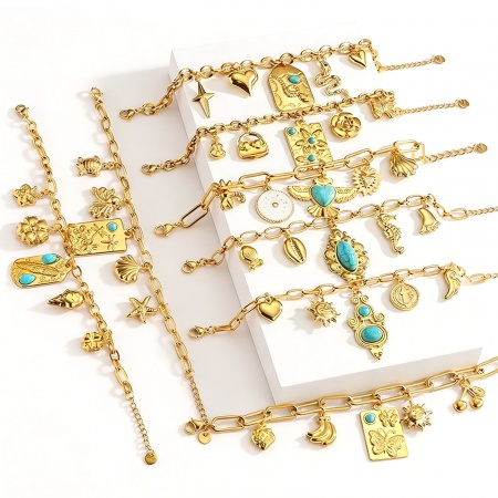 Immagine di 304 Acciaio Inossidabile Braccialetti con Ciondoli All'Ingrosso, Placcato Oro 18K Placcatura Sottovuoto PVD, Donne Stile del Carattere della Corte Reale Boemia Regalo Fornitura di Gioielli, 17cm Lunghezza, 1 Pz