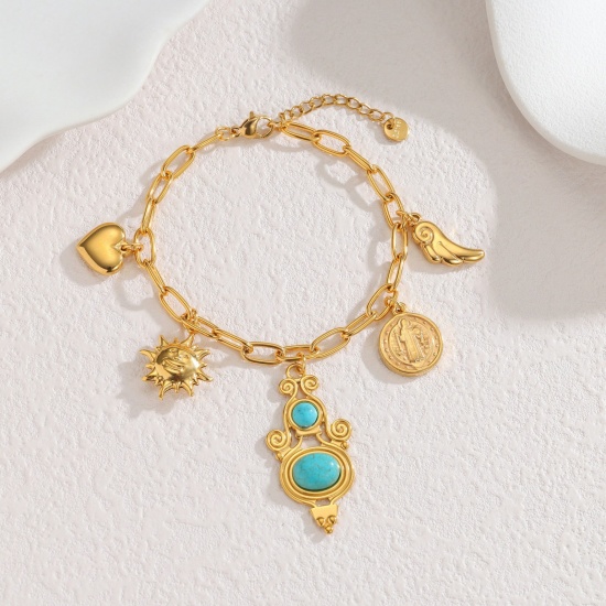 Picture of Wholesale 304 Stainless Steel Charm Bracelets, 18K Gold Plated PVD Vacuum Plating, Women's Style Of Royal Court Character Bohemia Boho Gift Jewelry Supply, 17cm(6.7") long