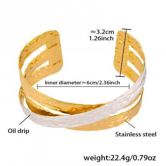 Immagine di Bianco Smalto 304 Acciaio Inossidabile Aprire Braccialetti All'Ingrosso, Placcato Oro 18K Placcatura Sottovuoto PVD, Donne Squisito Elegante Regalo Fornitura di Gioielli, 1 Pz