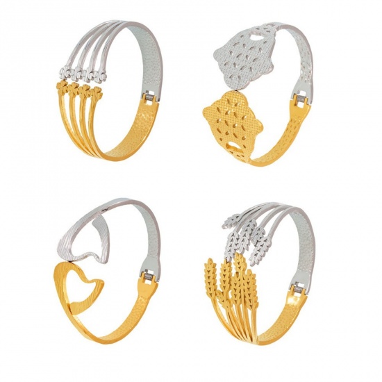 Picture of Wholesale Two Tone 304 Stainless Steel Bangles Bracelets, Silver Tone & 18K Gold Plated PVD Vacuum Plating, Women's Retro Stylish Gift Jewelry Supply
