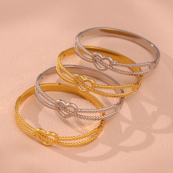 Picture of Wholesale Heart 304 Stainless Steel Bangles Bracelets, PVD Vacuum Plating, Women's Valentine's Day Stylish Gift Jewelry Supply, 6.1cm Dia.