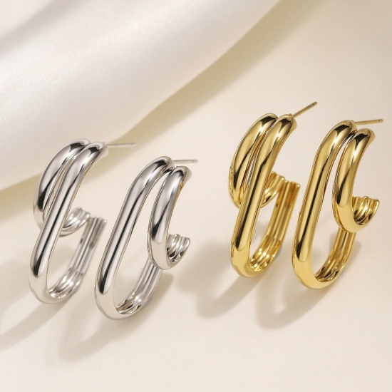 Picture of Wholesale Exquisite Stylish Ear Post Stud Earrings, C Shaped Multicolor 304 Stainless Steel, Women's Eco-friendly Gift Jewelry Supply, 3.2cm x 3cm