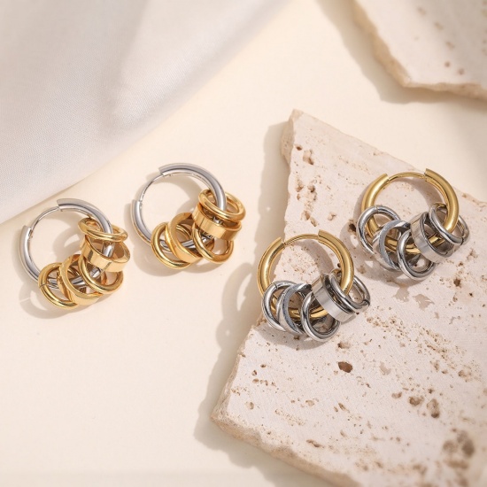 Picture of Wholesale Exquisite Stylish Hoop Earrings, Two Tone Silver Tone & 18K Gold Plated 304 Stainless Steel, Women's PVD Vacuum Plating Gift Jewelry Supply, 24mm
