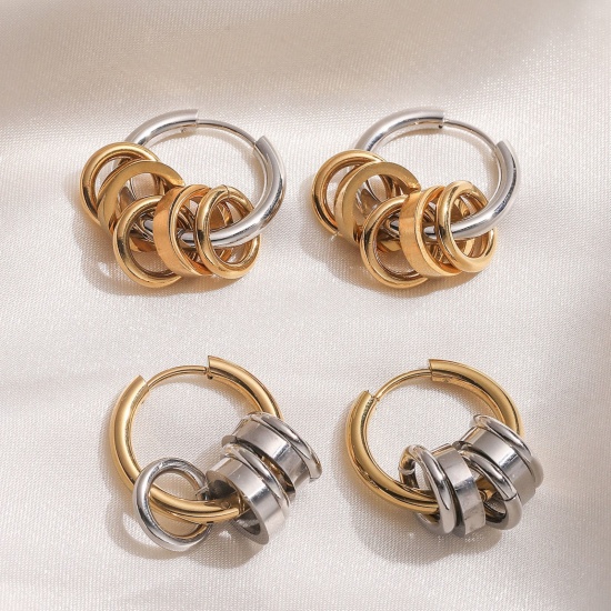 Picture of Wholesale Exquisite Stylish Hoop Earrings, Two Tone Silver Tone & 18K Gold Plated 304 Stainless Steel, Women's PVD Vacuum Plating Gift Jewelry Supply, 24mm