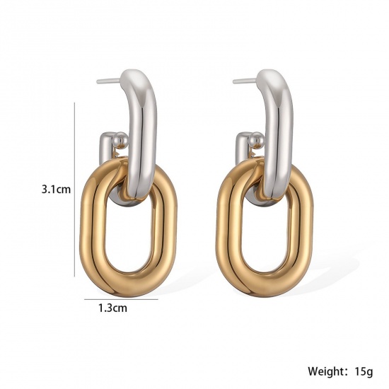 Picture of Wholesale Simple Stylish Ear Post Stud Earrings, Two Tone Silver Tone & 18K Gold Plated 304 Stainless Steel, Women's PVD Vacuum Plating Gift Jewelry Supply, 3.1cm x 1.3cm