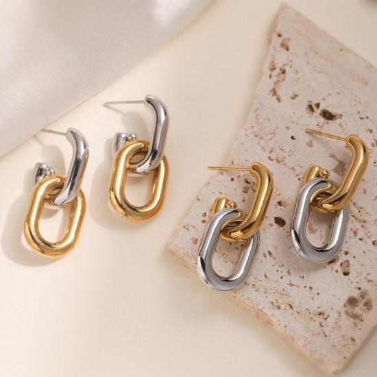 Picture of Wholesale Simple Stylish Ear Post Stud Earrings, Two Tone Silver Tone & 18K Gold Plated 304 Stainless Steel, Women's PVD Vacuum Plating Gift Jewelry Supply, 3.1cm x 1.3cm