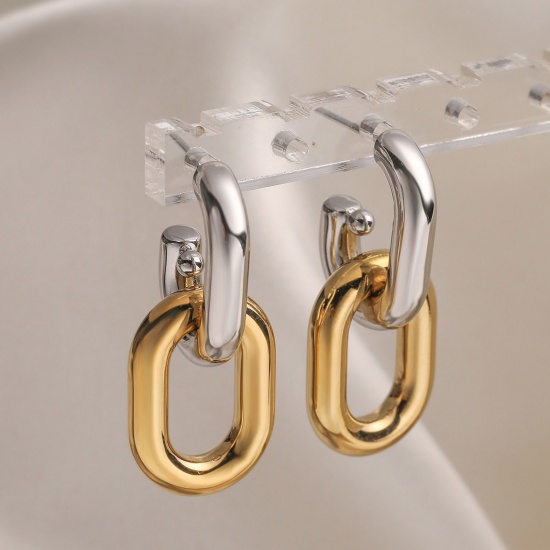 Picture of Wholesale Simple Stylish Ear Post Stud Earrings, Two Tone Silver Tone & 18K Gold Plated 304 Stainless Steel, Women's PVD Vacuum Plating Gift Jewelry Supply, 3.1cm x 1.3cm