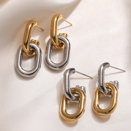 Picture of Wholesale Simple Stylish Ear Post Stud Earrings, Two Tone Silver Tone & 18K Gold Plated 304 Stainless Steel, Women's PVD Vacuum Plating Gift Jewelry Supply, 3.1cm x 1.3cm