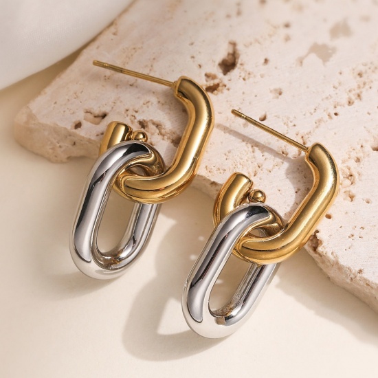 Picture of Wholesale Simple Stylish Ear Post Stud Earrings, Two Tone Silver Tone & 18K Gold Plated 304 Stainless Steel, Women's PVD Vacuum Plating Gift Jewelry Supply, 3.1cm x 1.3cm