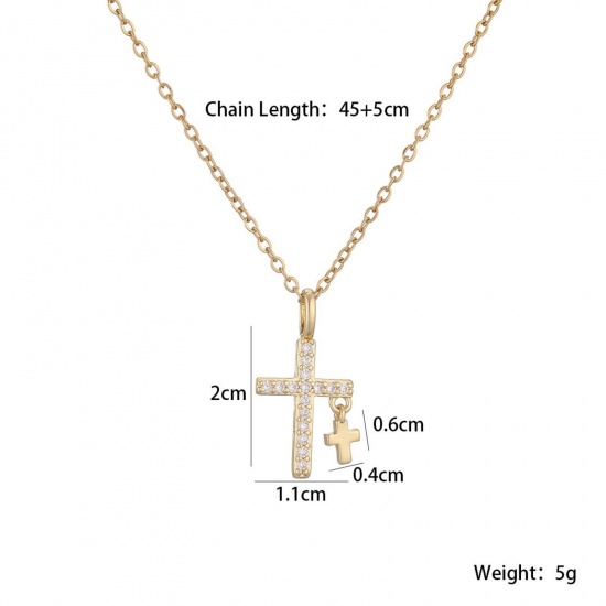 Picture of Wholesale Cross Clear Cubic Zirconia Pendant Charm Necklace, Multicolor Brass Women's Religious Retro Gift Jewelry For Retailer, 45cm(17.7") + 5cm(2") long