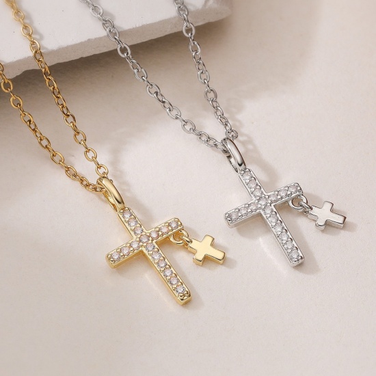 Picture of Wholesale Cross Clear Cubic Zirconia Pendant Charm Necklace, Multicolor Brass Women's Religious Retro Gift Jewelry For Retailer, 45cm(17.7") + 5cm(2") long