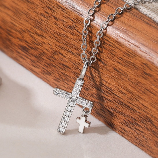 Picture of Wholesale Cross Clear Cubic Zirconia Pendant Charm Necklace, Multicolor Brass Women's Religious Retro Gift Jewelry For Retailer, 45cm(17.7") + 5cm(2") long