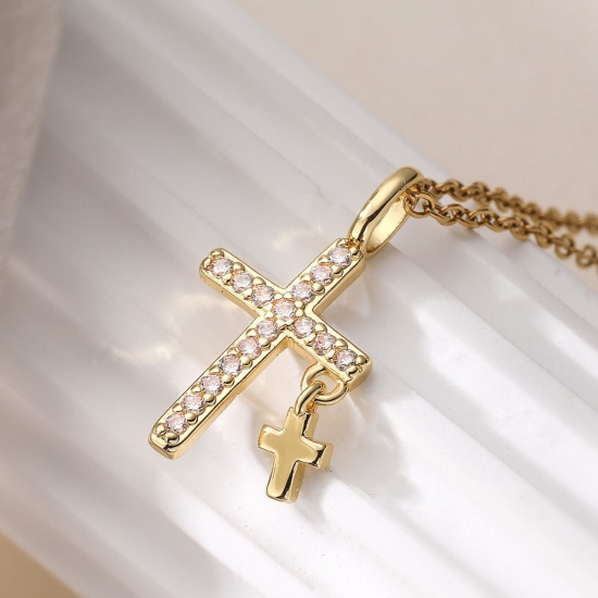 Picture of Wholesale Cross Clear Cubic Zirconia Pendant Charm Necklace, Multicolor Brass Women's Religious Retro Gift Jewelry For Retailer, 45cm(17.7") + 5cm(2") long