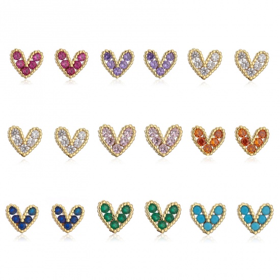 Imagen de día de San Valentín Elegante Pendientes de Poste de Oreja Al Por Mayor, Corazón Chapado en Oro de 18K Latón (sin cadmio)+ Circón Artificial, Mujeres Regalo Suministro de Joyería, 8mm x 7mm, 1 Par