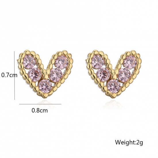 Imagen de día de San Valentín Elegante Pendientes de Poste de Oreja Al Por Mayor, Corazón Chapado en Oro de 18K Latón (sin cadmio)+ Circón Artificial, Mujeres Regalo Suministro de Joyería, 8mm x 7mm, 1 Par