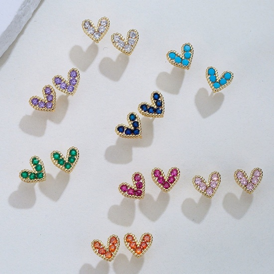 Imagen de día de San Valentín Elegante Pendientes de Poste de Oreja Al Por Mayor, Corazón Chapado en Oro de 18K Latón (sin cadmio)+ Circón Artificial, Mujeres Regalo Suministro de Joyería, 8mm x 7mm, 1 Par
