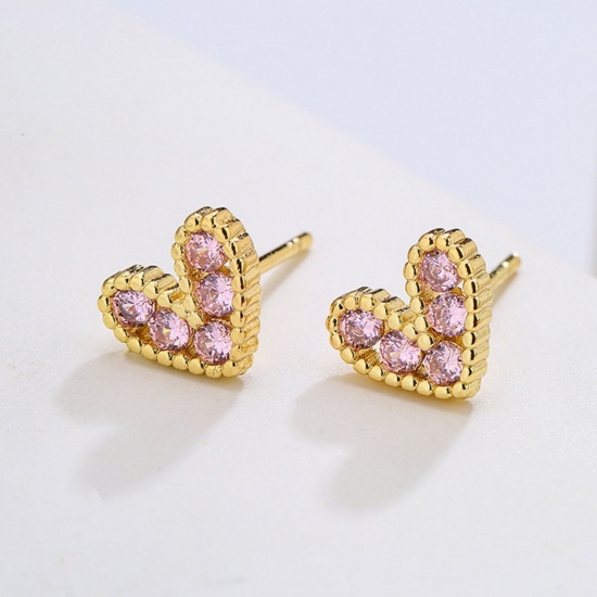 Imagen de día de San Valentín Elegante Pendientes de Poste de Oreja Al Por Mayor, Corazón Chapado en Oro de 18K Latón (sin cadmio)+ Circón Artificial, Mujeres Regalo Suministro de Joyería, 8mm x 7mm, 1 Par