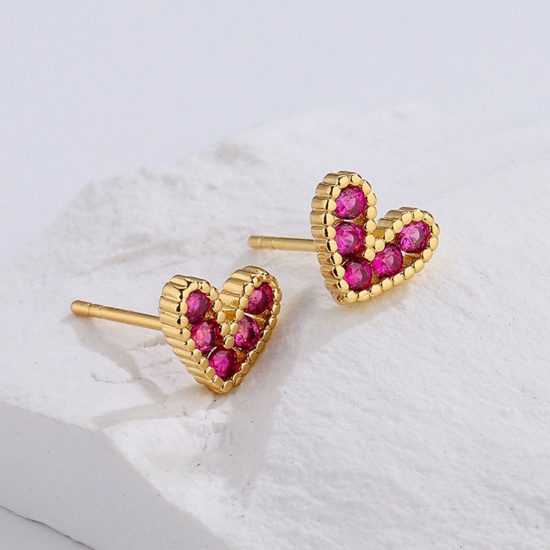 Imagen de día de San Valentín Elegante Pendientes de Poste de Oreja Al Por Mayor, Corazón Chapado en Oro de 18K Latón (sin cadmio)+ Circón Artificial, Mujeres Regalo Suministro de Joyería, 8mm x 7mm, 1 Par