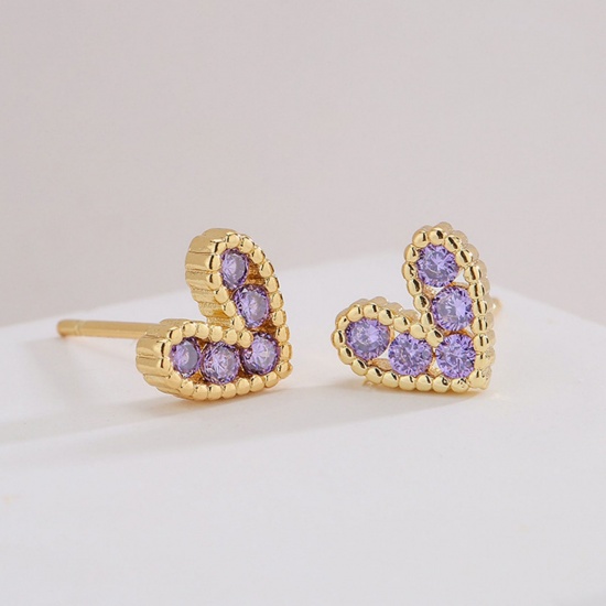 Imagen de día de San Valentín Elegante Pendientes de Poste de Oreja Al Por Mayor, Corazón Chapado en Oro de 18K Latón (sin cadmio)+ Circón Artificial, Mujeres Regalo Suministro de Joyería, 8mm x 7mm, 1 Par