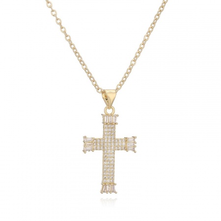 Picture of Wholesale Cross Clear Cubic Zirconia Pendant Charm Necklace, 18K Gold Plated Brass Women's Religious Stylish Gift Jewelry For Retailer, 45cm(17.7") + 5cm(2") long