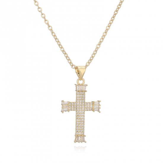 Picture of Wholesale Cross Clear Cubic Zirconia Pendant Charm Necklace, 18K Gold Plated Brass Women's Religious Stylish Gift Jewelry For Retailer, 45cm(17.7") + 5cm(2") long