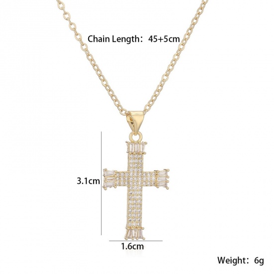 Picture of Wholesale Cross Clear Cubic Zirconia Pendant Charm Necklace, 18K Gold Plated Brass Women's Religious Stylish Gift Jewelry For Retailer, 45cm(17.7") + 5cm(2") long