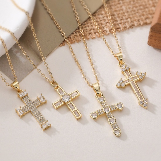Picture of Wholesale Cross Clear Cubic Zirconia Pendant Charm Necklace, 18K Gold Plated Brass Women's Religious Stylish Gift Jewelry For Retailer, 45cm(17.7") + 5cm(2") long