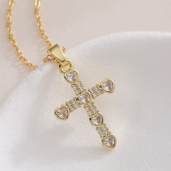 Picture of Wholesale Cross Clear Cubic Zirconia Pendant Charm Necklace, 18K Gold Plated Brass Women's Religious Stylish Gift Jewelry For Retailer, 45cm(17.7") + 5cm(2") long