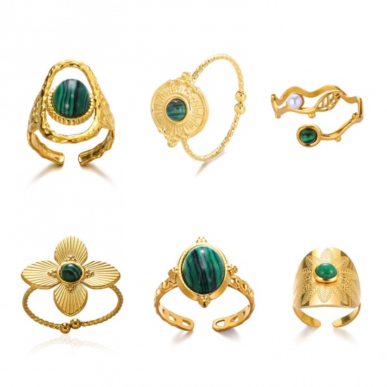 Picture of Wholesale Women's Gift Imitation Malachite Open Rings, 18K Gold Plated 304 Stainless Steel, Eco-friendly Exquisite Stylish Jewelry Supply