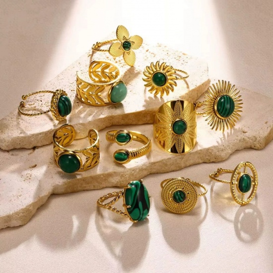 Picture of Wholesale Women's Gift Imitation Malachite Open Rings, 18K Gold Plated 304 Stainless Steel, Eco-friendly Exquisite Stylish Jewelry Supply