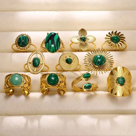 Picture of Wholesale Women's Gift Imitation Malachite Open Rings, 18K Gold Plated 304 Stainless Steel, Eco-friendly Exquisite Stylish Jewelry Supply