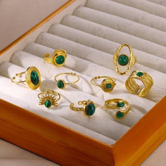 Picture of Wholesale Women's Gift Imitation Malachite Open Rings, 18K Gold Plated 304 Stainless Steel, Eco-friendly Exquisite Stylish Jewelry Supply
