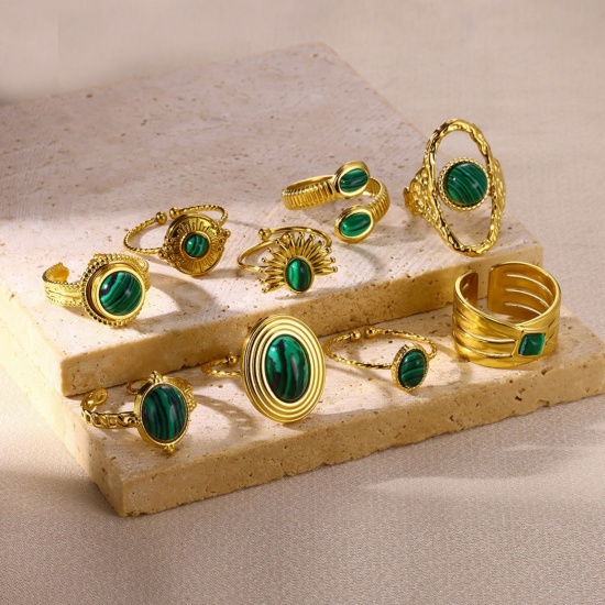 Picture of Wholesale Women's Gift Imitation Malachite Open Rings, 18K Gold Plated 304 Stainless Steel, Eco-friendly Exquisite Stylish Jewelry Supply