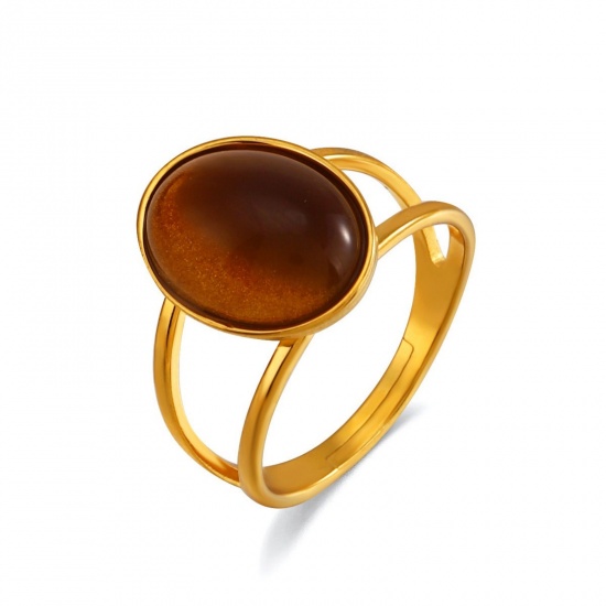 Picture of Wholesale Women's Gift Oval With Resin Cabochons Open Adjustable Rings, 18K Gold Plated 304 Stainless Steel, Eco-friendly Exquisite Stylish Jewelry Supply, 17mm(US Size 6.5)