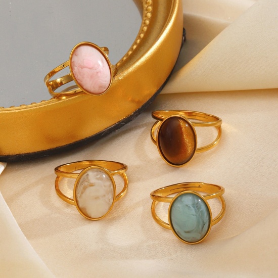 Picture of Wholesale Women's Gift Oval With Resin Cabochons Open Adjustable Rings, 18K Gold Plated 304 Stainless Steel, Eco-friendly Exquisite Stylish Jewelry Supply, 17mm(US Size 6.5)