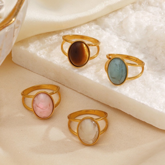 Picture of Wholesale Women's Gift Oval With Resin Cabochons Open Adjustable Rings, 18K Gold Plated 304 Stainless Steel, Eco-friendly Exquisite Stylish Jewelry Supply, 17mm(US Size 6.5)