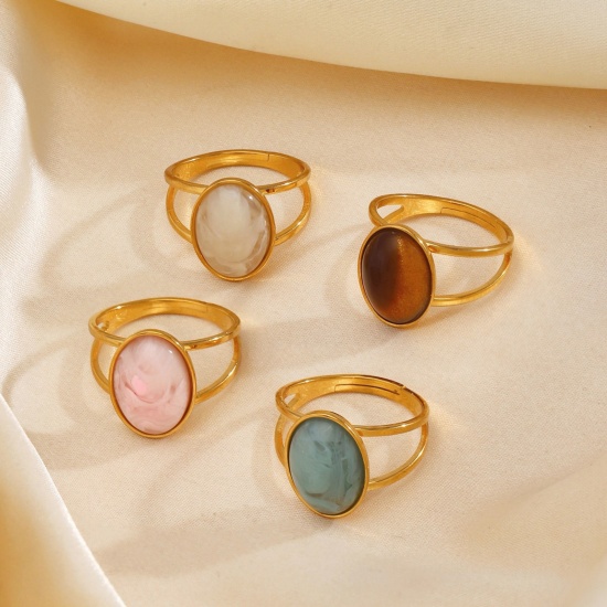 Picture of Wholesale Women's Gift Oval With Resin Cabochons Open Adjustable Rings, 18K Gold Plated 304 Stainless Steel, Eco-friendly Exquisite Stylish Jewelry Supply, 17mm(US Size 6.5)