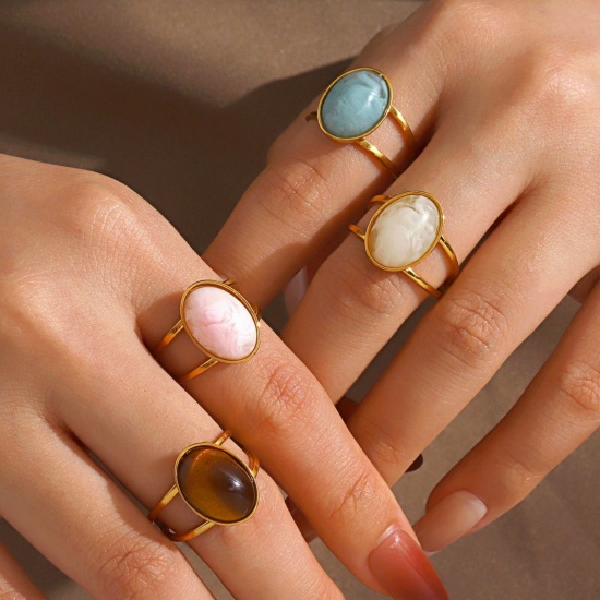 Picture of Wholesale Women's Gift Oval With Resin Cabochons Open Adjustable Rings, 18K Gold Plated 304 Stainless Steel, Eco-friendly Exquisite Stylish Jewelry Supply, 17mm(US Size 6.5)