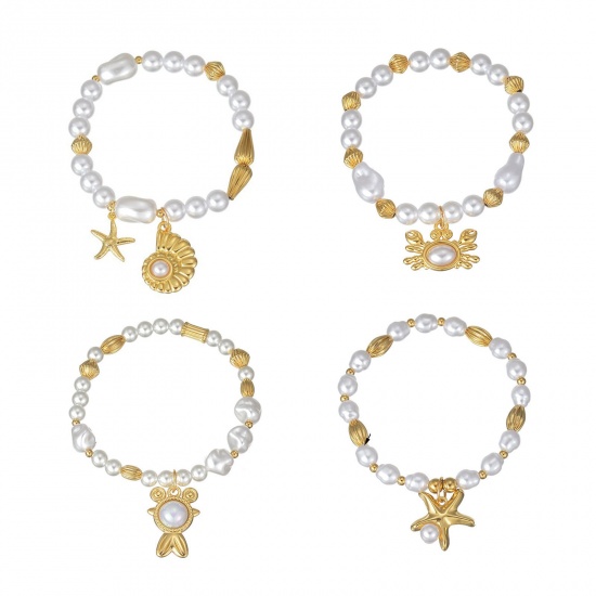 Picture of Wholesale Imitation Pearl 304 Stainless Steel Elastic Beaded Bubble Bracelets, 18K Gold Plated Eco-friendly, Women's Ocean Jewelry Stylish Gift Jewelry Supply, 18cm(7.1") long