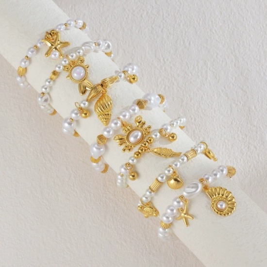 Picture of Wholesale Imitation Pearl 304 Stainless Steel Elastic Beaded Bubble Bracelets, 18K Gold Plated Eco-friendly, Women's Ocean Jewelry Stylish Gift Jewelry Supply, 18cm(7.1") long