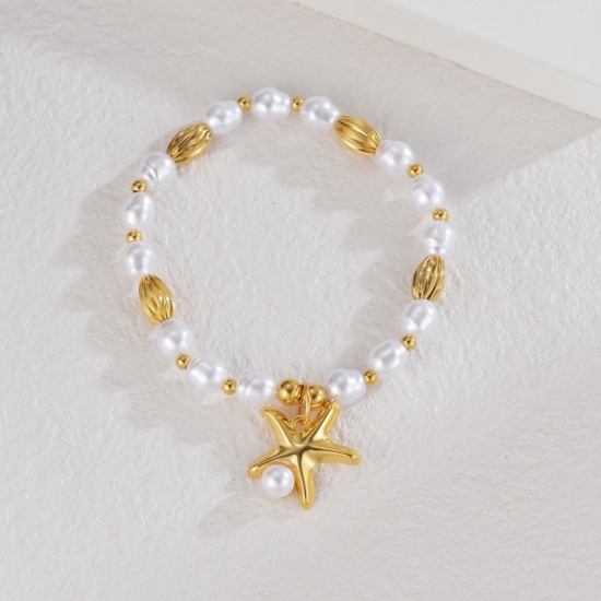 Picture of Wholesale Imitation Pearl 304 Stainless Steel Elastic Beaded Bubble Bracelets, 18K Gold Plated Eco-friendly, Women's Ocean Jewelry Stylish Gift Jewelry Supply, 18cm(7.1") long