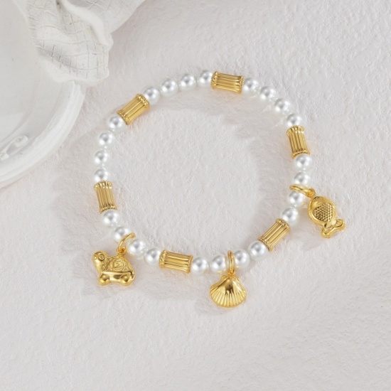 Picture of Wholesale Imitation Pearl 304 Stainless Steel Elastic Beaded Bubble Bracelets, 18K Gold Plated Eco-friendly, Women's Ocean Jewelry Stylish Gift Jewelry Supply, 18cm(7.1") long